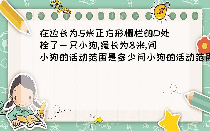 在边长为5米正方形栅栏的D处栓了一只小狗,绳长为8米,问小狗的活动范围是多少问小狗的活动范围是多少?