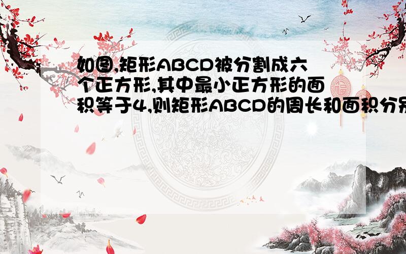 如图,矩形ABCD被分割成六个正方形,其中最小正方形的面积等于4,则矩形ABCD的周长和面积分别为——