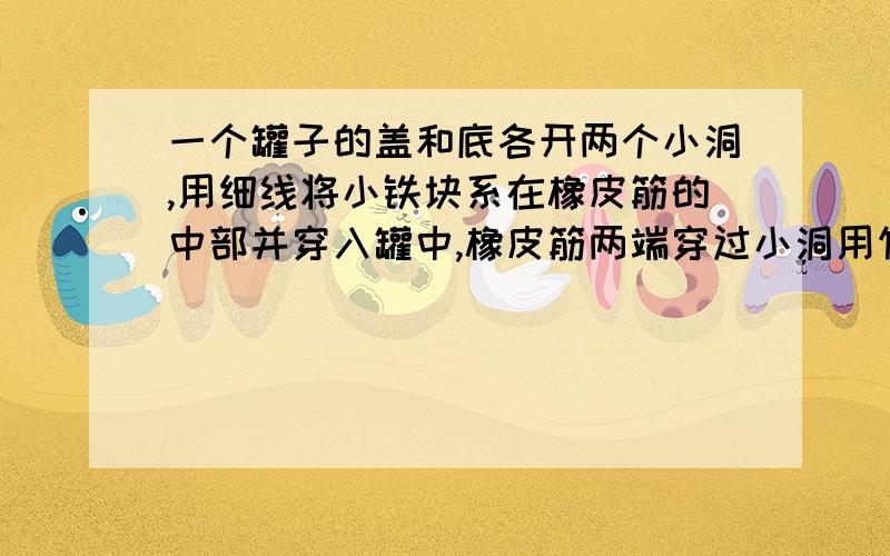 一个罐子的盖和底各开两个小洞,用细线将小铁块系在橡皮筋的中部并穿入罐中,橡皮筋两端穿过小洞用竹签固定如图所示,做好后将它从不太陡的斜面上滚下并观察会出现哪些现象,并解释其中