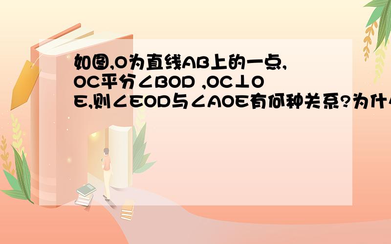 如图,O为直线AB上的一点,OC平分∠BOD ,OC⊥OE,则∠EOD与∠AOE有何种关系?为什么?