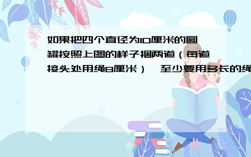 如果把四个直径为10厘米的圆罐按照上图的样子捆两道（每道接头处用绳8厘米）,至少要用多长的绳子?  （结果保留整数.） 结果约等于159,