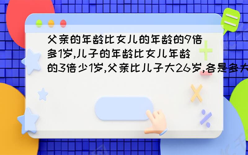 父亲的年龄比女儿的年龄的9倍多1岁,儿子的年龄比女儿年龄的3倍少1岁,父亲比儿子大26岁,各是多大