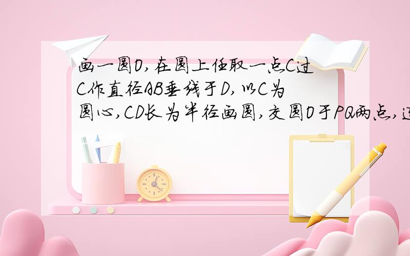 画一圆O,在圆上任取一点C过C作直径AB垂线于D,以C为圆心,CD长为半径画圆,交圆O于PQ两点,连接PQ,证明PQ平分CD.