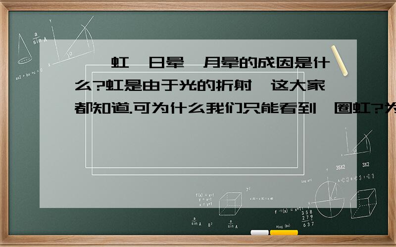 霓,虹,日晕,月晕的成因是什么?虹是由于光的折射,这大家都知道.可为什么我们只能看到一圈虹?为什么不是很多圈的虹?日晕意味着第二天要下雨么?月晕意味着什么?霓就是我们说的双虹,它是