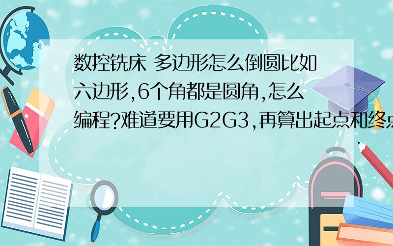 数控铣床 多边形怎么倒圆比如六边形,6个角都是圆角,怎么编程?难道要用G2G3,再算出起点和终点?比如3-45,6-R6的六边形