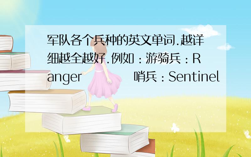 军队各个兵种的英文单词.越详细越全越好.例如：游骑兵：Ranger           哨兵：Sentinel