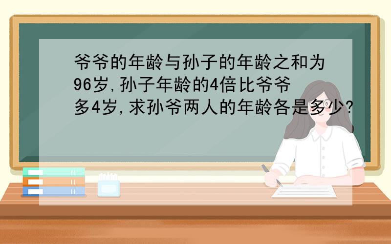 爷爷的年龄与孙子的年龄之和为96岁,孙子年龄的4倍比爷爷多4岁,求孙爷两人的年龄各是多少?