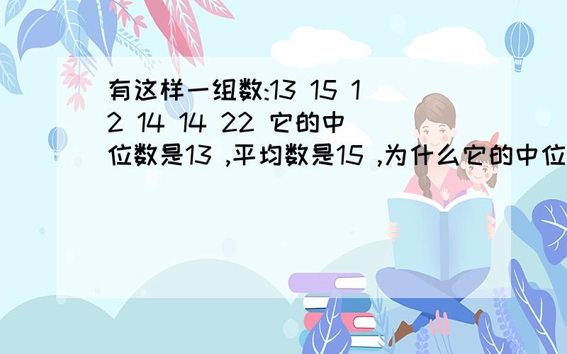 有这样一组数:13 15 12 14 14 22 它的中位数是13 ,平均数是15 ,为什么它的中位数比平均数小?中位数是14 ,平均数是15 ,这个大与小不是确定的,应该有的大,有的小.