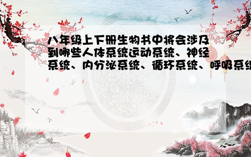 八年级上下册生物书中将会涉及到哪些人体系统运动系统、神经系统、内分泌系统、循环系统、呼吸系统、消化系统、泌尿系统、生殖系统中的,