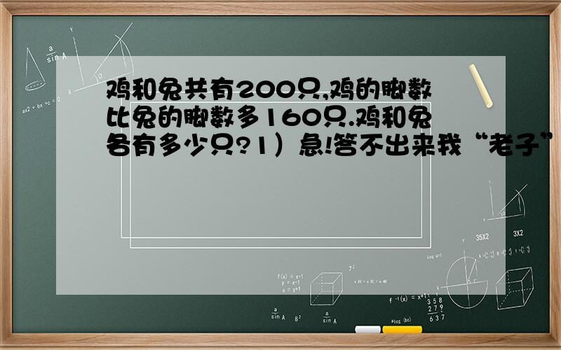 鸡和兔共有200只,鸡的脚数比兔的脚数多160只.鸡和兔各有多少只?1）急!答不出来我“老子”跟你急,呵呵,开个玩笑!2）时间到2009年1月19日21：00结束,呵呵哈哈!以上你们要记住呀!