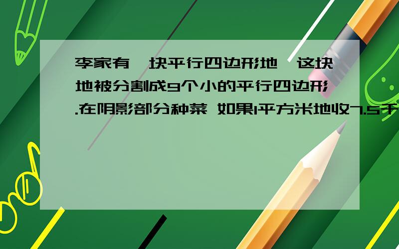 李家有一块平行四边形地,这块地被分割成9个小的平行四边形.在阴影部分种菜 如果1平方米地收7.5千克萝卜一共能收多少千克萝卜