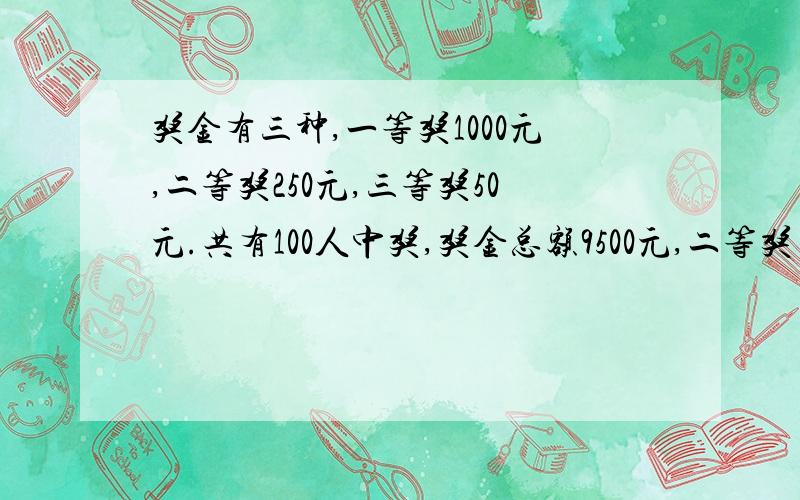 奖金有三种,一等奖1000元,二等奖250元,三等奖50元.共有100人中奖,奖金总额9500元,二等奖多少名?一道数学题,跪求,快用算术法解答