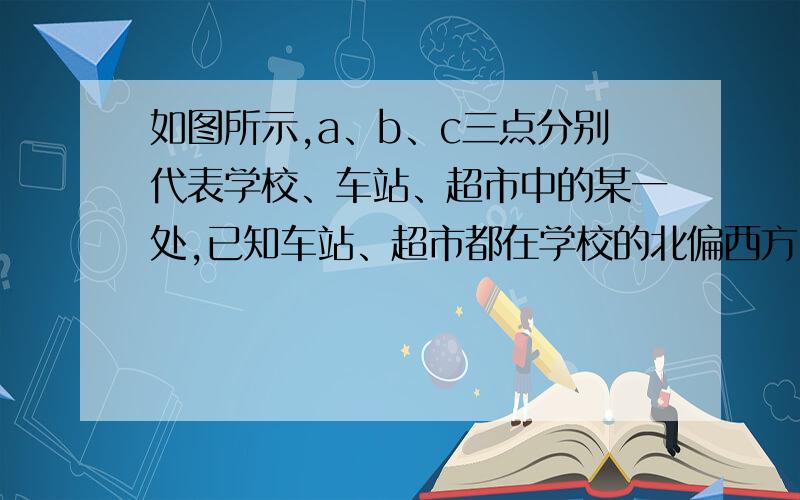 如图所示,a、b、c三点分别代表学校、车站、超市中的某一处,已知车站、超市都在学校的北偏西方23．（6分）如图所示,a、b、c三点分别代表学校、车站、超市中的某一处,已知车站、超市都在