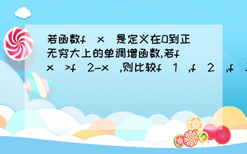 若函数f(x）是定义在0到正无穷大上的单调增函数,若f(x)>f(2-x),则比较f(1),f(2),f(3)的大小