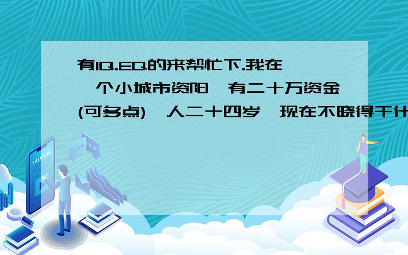 有IQ.EQ的来帮忙下.我在一个小城市资阳,有二十万资金(可多点),人二十四岁,现在不晓得干什么.想开网吧或做点其它什么的,很迷茫?回答可以具体点吗?