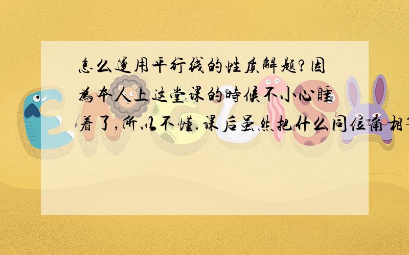 怎么运用平行线的性质解题?因为本人上这堂课的时候不小心睡着了,所以不懂.课后虽然把什么同位角相等的公式都背熟了,什么求∠3 ∠2度数的.证明某某∠的关系的我都不会,同学都说用平行