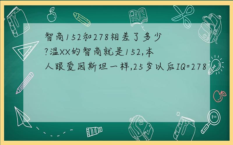 智商152和278相差了多少?温XX的智商就是152,本人跟爱因斯坦一样,25岁以后IQ=278