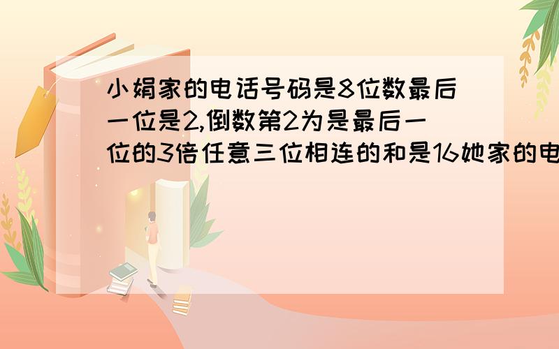 小娟家的电话号码是8位数最后一位是2,倒数第2为是最后一位的3倍任意三位相连的和是16她家的电话号码是多少小娟家的电话号码是8位数,最后一位是2,倒数第2为是最后一位的3倍,任意三位相