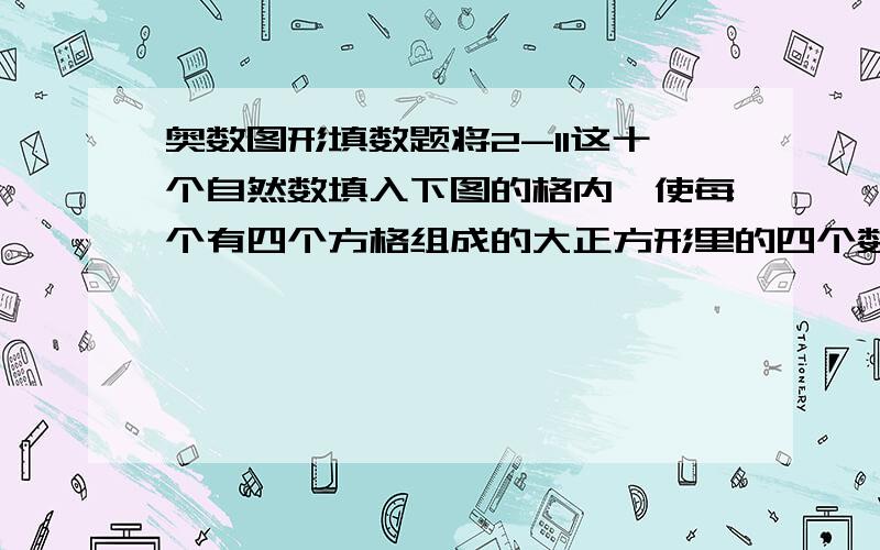 奥数图形填数题将2-11这十个自然数填入下图的格内,使每个有四个方格组成的大正方形里的四个数之和都相等.求这样四个数的和的最小值.忘说了,