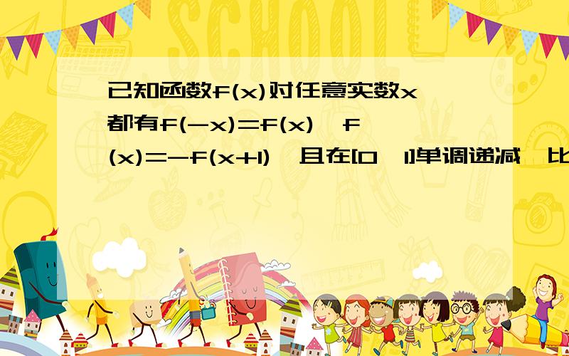 已知函数f(x)对任意实数x都有f(-x)=f(x),f(x)=-f(x+1),且在[0,1]单调递减,比较f(7/2),f(-1/3),f(7/5)的大小.