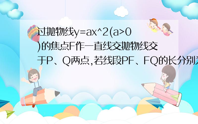 过抛物线y=ax^2(a>0)的焦点F作一直线交抛物线交于P、Q两点,若线段PF、FQ的长分别为p、q,则1/p+1/q=4a 怎过抛物线y=ax^2(a>0)的焦点F作一直线交抛物线交于P、Q两点,若线段PF、FQ的长分别为p、q,则1/p+1/