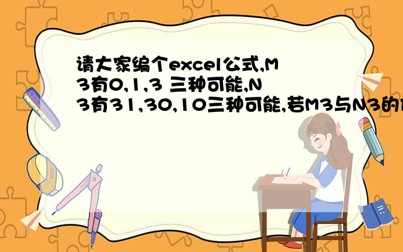 请大家编个excel公式,M3有0,1,3 三种可能,N3有31,30,10三种可能,若M3与N3的任一数字相同,O3为T若M3=0或1时,N3=01,O3=T,反之O3=F;若M3=0或3时,N3=03,O3=T,反之O3=F;若M3=1或3时,N3=13,O3=T,反之O3=F;