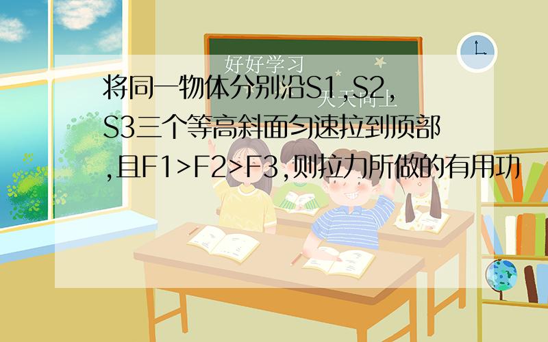 将同一物体分别沿S1,S2,S3三个等高斜面匀速拉到顶部,且F1>F2>F3,则拉力所做的有用功