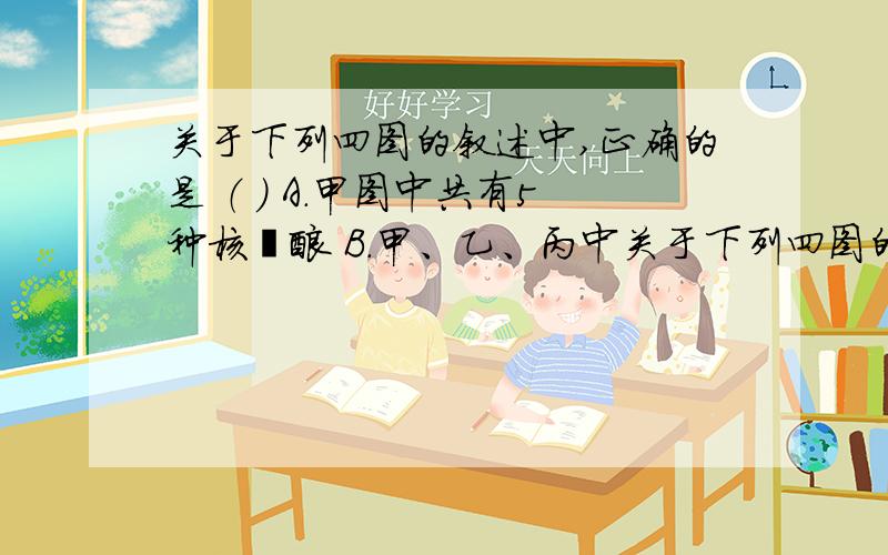 关于下列四图的叙述中,正确的是 （ ） A．甲图中共有5种核苷酸 B．甲、乙、丙中关于下列四图的叙述中,正确的是 （ ）\x05A．甲图中共有5种核苷酸 B．甲、乙、丙中“A”代表的物质均不相