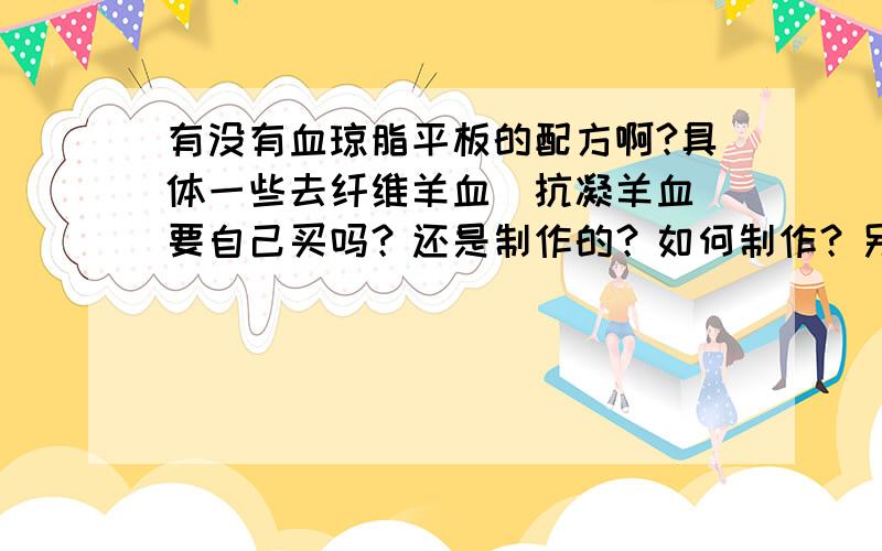 有没有血琼脂平板的配方啊?具体一些去纤维羊血（抗凝羊血）要自己买吗？还是制作的？如何制作？另外，蓝色凝胶培养基中的十六烷基三甲基溴化和亚甲基蓝应该如何灭菌？在什么时候加