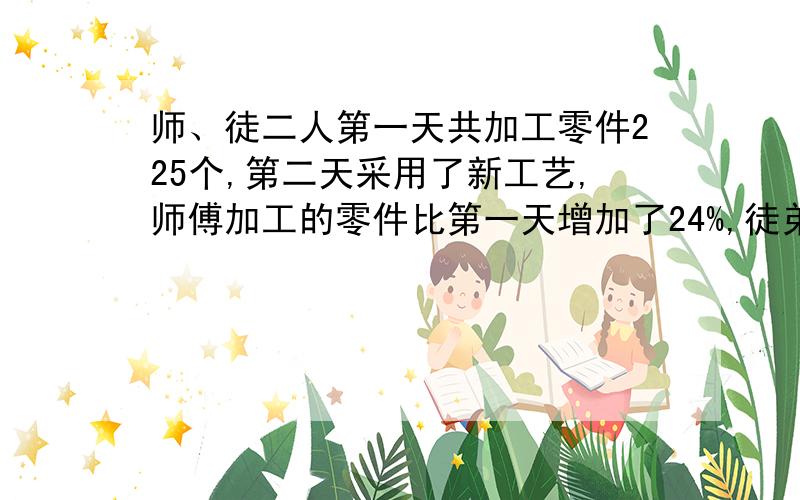 师、徒二人第一天共加工零件225个,第二天采用了新工艺,师傅加工的零件比第一天增加了24%,徒弟增加了45%,两人共加工零件300个,第二天师傅加工了多少个零件?徒弟加工了几个零件?