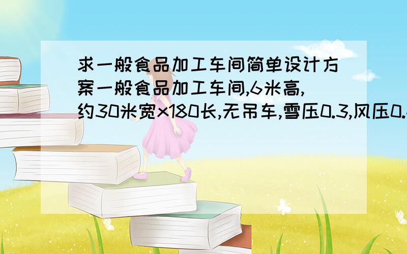 求一般食品加工车间简单设计方案一般食品加工车间,6米高,约30米宽x180长,无吊车,雪压0.3,风压0.4,求车间大致设计方案 ,比如结构形式,经济柱距,造价等；安全第一,但尽量经济节约,有懂行的朋