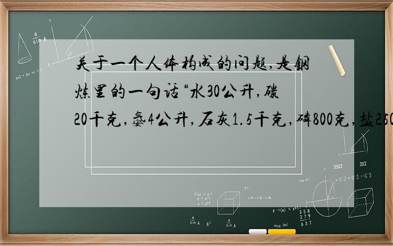 关于一个人体构成的问题,是钢炼里的一句话“水30公升,碳20千克,氨4公升,石灰1.5千克,磷800克,盐250克,硝石100克,硫磺80克,氟7.5克,铁5克,硅3克,以及其余15种元素少许,就是一个成年人人体的构成