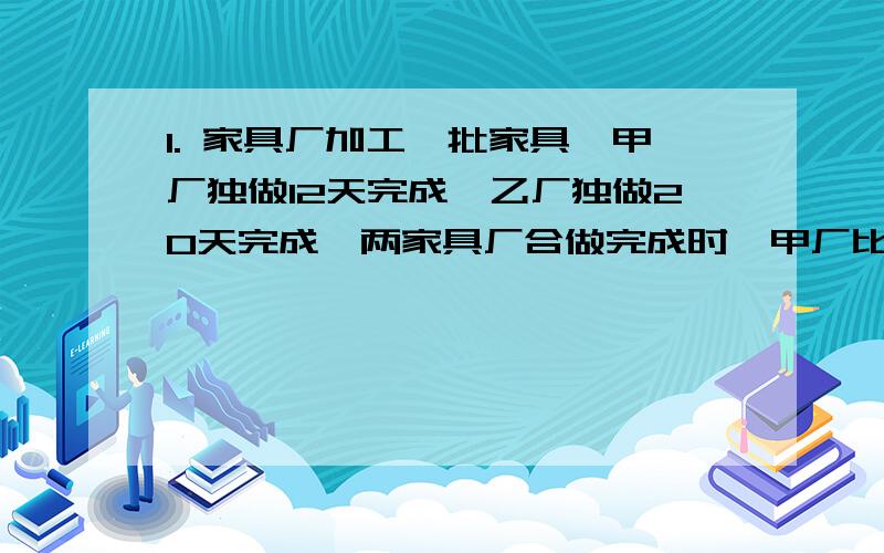 1. 家具厂加工一批家具,甲厂独做12天完成,乙厂独做20天完成,两家具厂合做完成时,甲厂比乙厂多做了40套