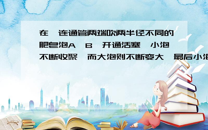 在一连通管两端吹两半径不同的肥皂泡A、B,开通活塞,小泡不断收聚,而大泡则不断变大,最后小泡B缩成一帽顶状,且曲率半径和A同.无论多薄的肥皂泡都是由一定厚度吹成,设内外半径为R1,R2；大