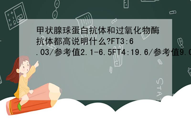 甲状腺球蛋白抗体和过氧化物酶抗体都高说明什么?FT3:6.03/参考值2.1-6.5FT4:19.6/参考值9.00-23.90TSH:2.48/参考值0.35-5.5ATG:104.3/ATPO:>1300/两项的参考值均为0-60请帮我看看严重吗?医生说没什么,但我觉