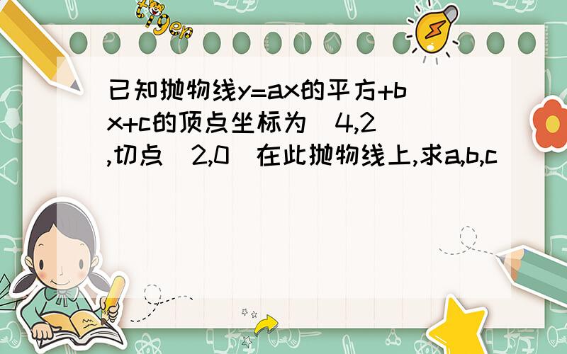 已知抛物线y=ax的平方+bx+c的顶点坐标为（4,2）,切点（2,0）在此抛物线上,求a,b,c