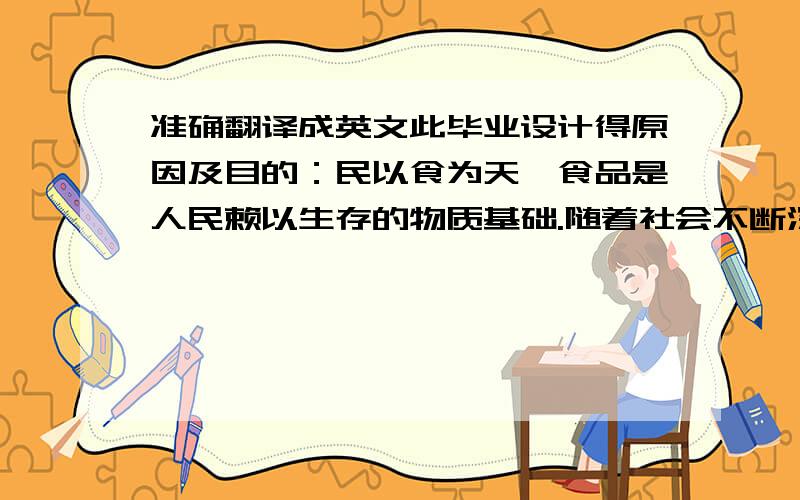 准确翻译成英文此毕业设计得原因及目的：民以食为天,食品是人民赖以生存的物质基础.随着社会不断深入的发展,对外贸易的发达和交 通通信的便利,食品的方式层出不穷多种多样.但与此同