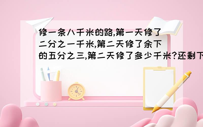 修一条八千米的路,第一天修了二分之一千米,第二天修了余下的五分之三,第二天修了多少千米?还剩下多少千米?.