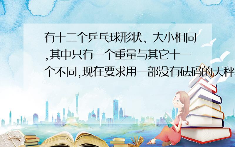 有十二个乒乓球形状、大小相同,其中只有一个重量与其它十一个不同,现在要求用一部没有砝码的天秤称三次,将那个重量异常的球找出来,并且知道它比其它十一个球较重还是较轻.我想说的