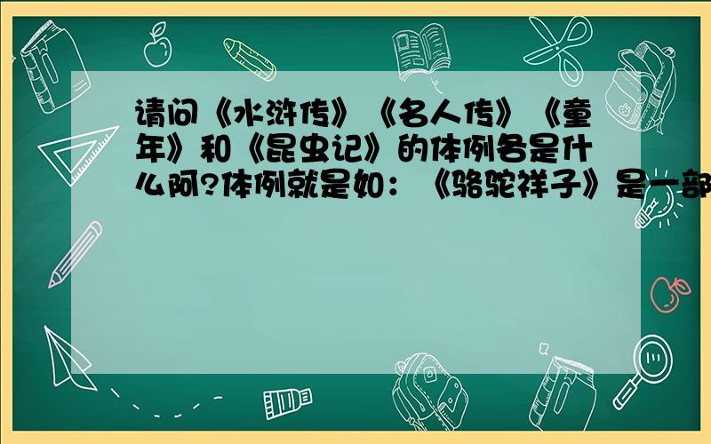 请问《水浒传》《名人传》《童年》和《昆虫记》的体例各是什么阿?体例就是如：《骆驼祥子》是一部现实主义风格的长篇小说