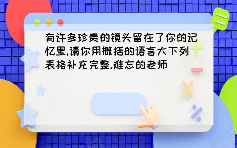 有许多珍贵的镜头留在了你的记忆里,请你用概括的语言大下列表格补充完整.难忘的老师 _________________________________________.难忘的同学 _________________________________________.难忘的校园一景 ___________