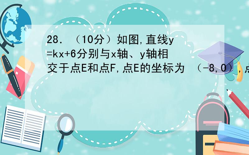 28．（10分）如图,直线y=kx+6分别与x轴、y轴相交于点E和点F,点E的坐标为 （-8,0）,点A的坐标为（0,6）.（1）求k的值；（2）若点P（x,y）是第二象限内的直线上的一个动点,当点P运动过程中,试写