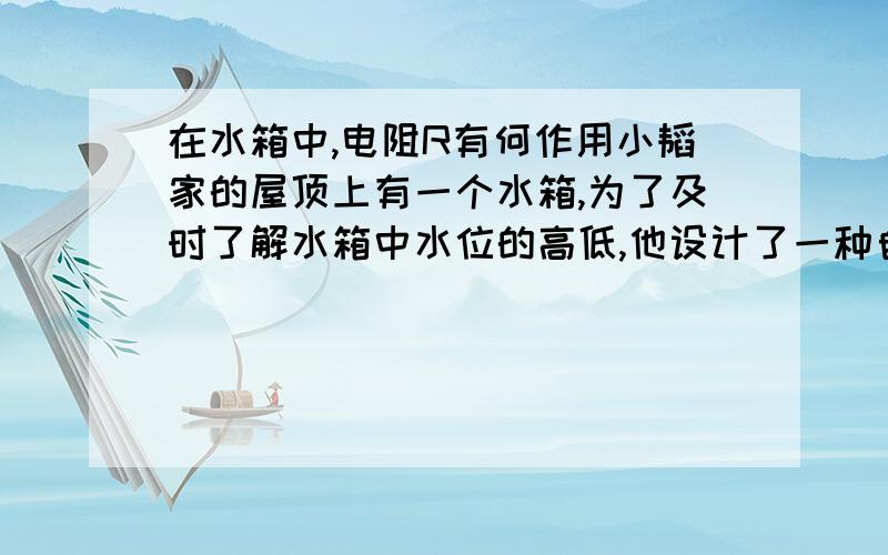 在水箱中,电阻R有何作用小韬家的屋顶上有一个水箱,为了及时了解水箱中水位的高低,他设计了一种自动测量水位高低的装置，如图所示，R是一个滑动变阻器，它的金属化偏食杠杆的一端，