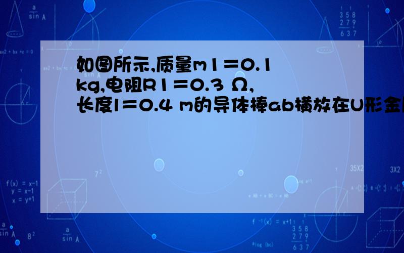 如图所示,质量m1＝0.1 kg,电阻R1＝0.3 Ω,长度l＝0.4 m的导体棒ab横放在U形金属框架上．框架质量m2＝0.2 kg,放在绝缘水平面上,与水平面间的动摩擦因数μ＝0.2.相距0.4 m的MM′、NN′相互平行,电阻不