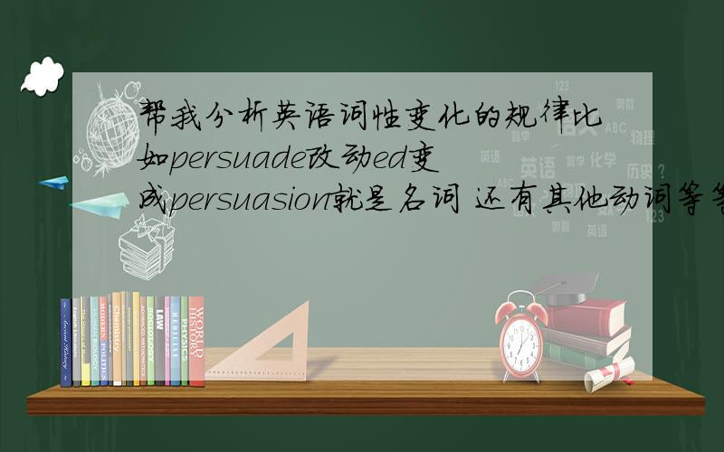 帮我分析英语词性变化的规律比如persuade改动ed变成persuasion就是名词 还有其他动词等等变化的规律