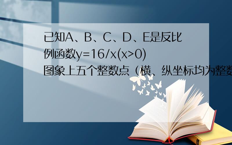 已知A、B、C、D、E是反比例函数y=16/x(x>0)图象上五个整数点（横、纵坐标均为整数）分别以这些点向横轴或纵轴做垂线段,由垂线段所在的正方形边长为半径做四分之一圆周的两条弧,组成如图