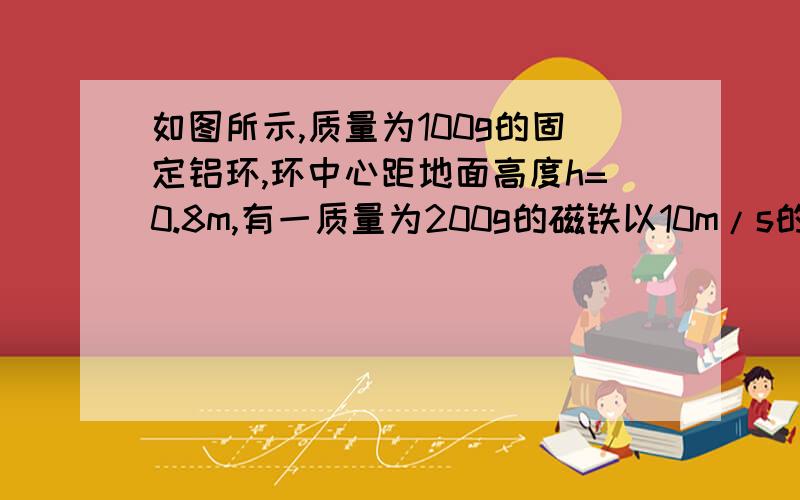 如图所示,质量为100g的固定铝环,环中心距地面高度h=0.8m,有一质量为200g的磁铁以10m/s的速度水平射入并穿铝环,落地点在距铝环原来位置水平距离3.6m处,则在磁铁与铝环发生相互作用时.求:在磁