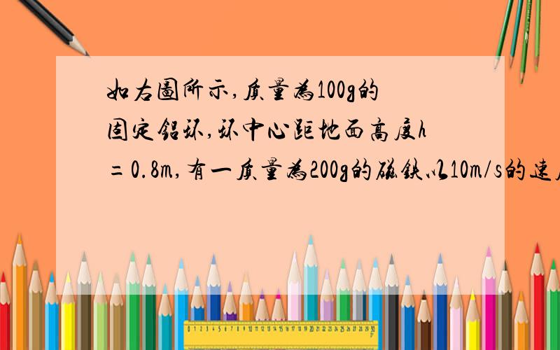 如右图所示,质量为100g的固定铝环,环中心距地面高度h=0.8m,有一质量为200g的磁铁以10m/s的速度水平射入并过铝环,落地点在距铝环原来位置水平距离3.6m处,则在磁铁与铝环发生相互作用时,求:在