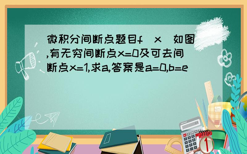 微积分间断点题目f(x)如图,有无穷间断点x=0及可去间断点x=1,求a,答案是a=0,b=e