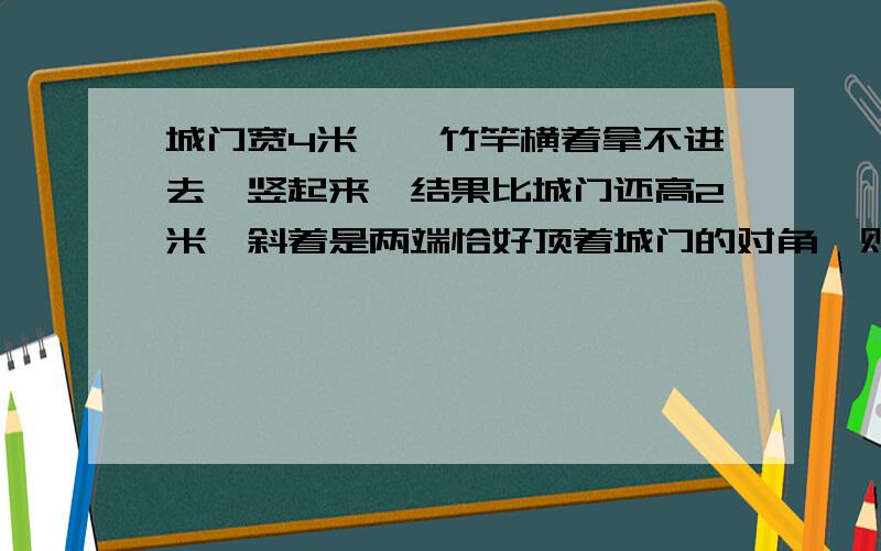 城门宽4米,一竹竿横着拿不进去,竖起来,结果比城门还高2米,斜着是两端恰好顶着城门的对角,则竹竿长为几?